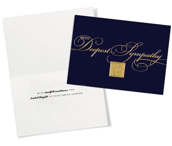 navy sympathy card with gold text and square pattern