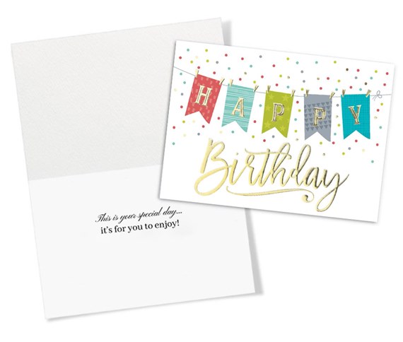 birthday card with colorful banner and dots