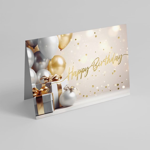 birthday card with balloons and gifts