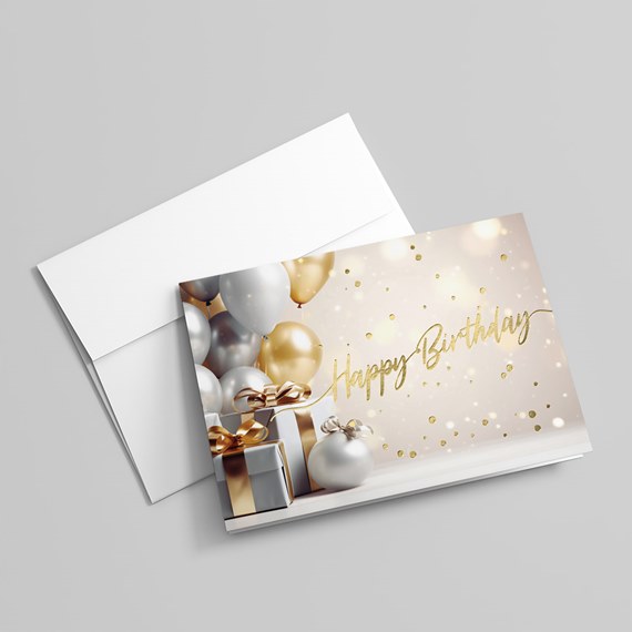 birthday card with balloons and gifts