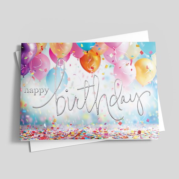 birthday card with balloons and confetti
