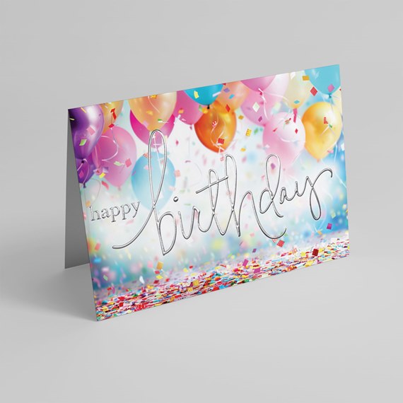 colorful birthday card with balloons and confetti