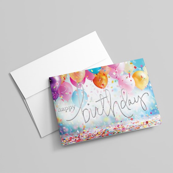 birthday card with balloons and confetti