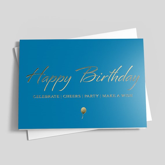 blue birthday card with gold text and balloon icon