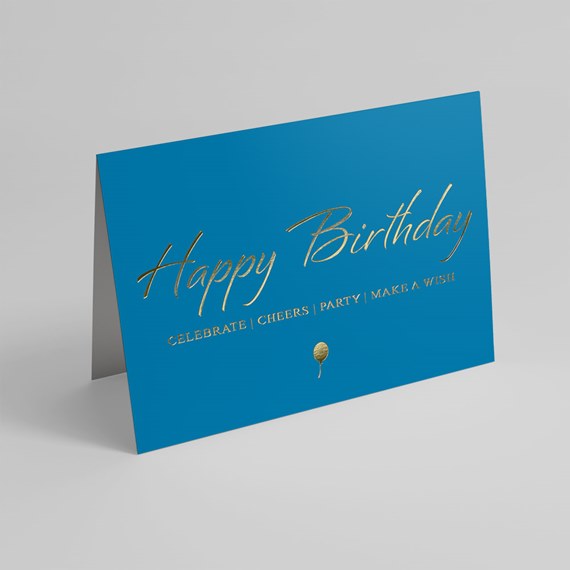 birthday card with blue background and gold foil