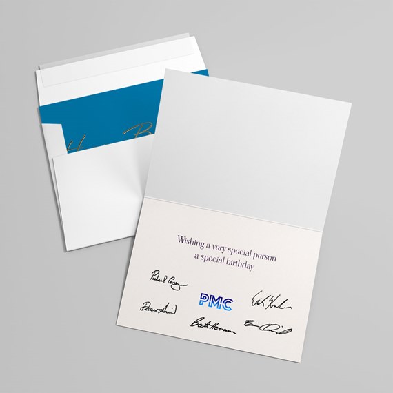 greeting card with blue interior and printed text
