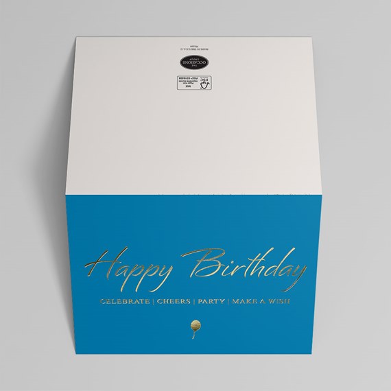 birthday card with blue background and gold text