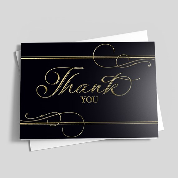 black thank you card with gold foil text and decorative elements