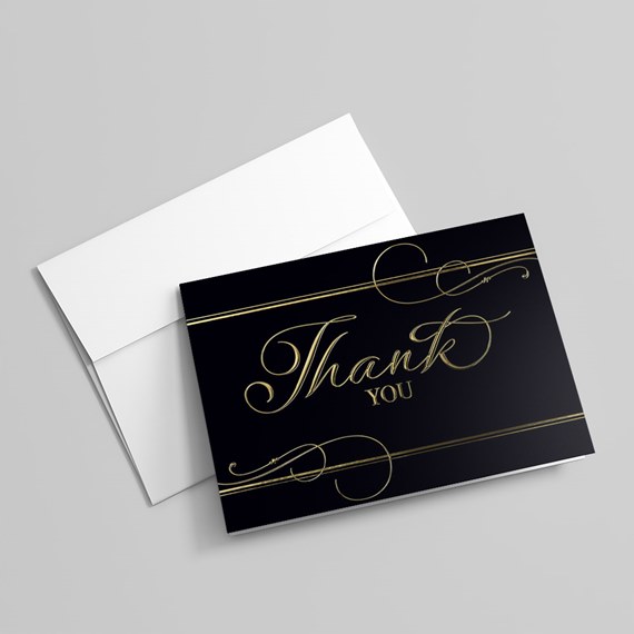black thank you card with gold text and border