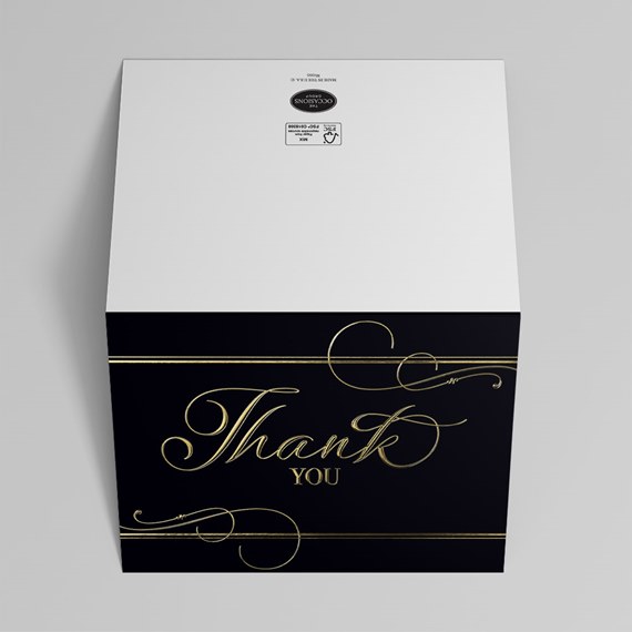 black and white thank you card with gold text and decorative elements