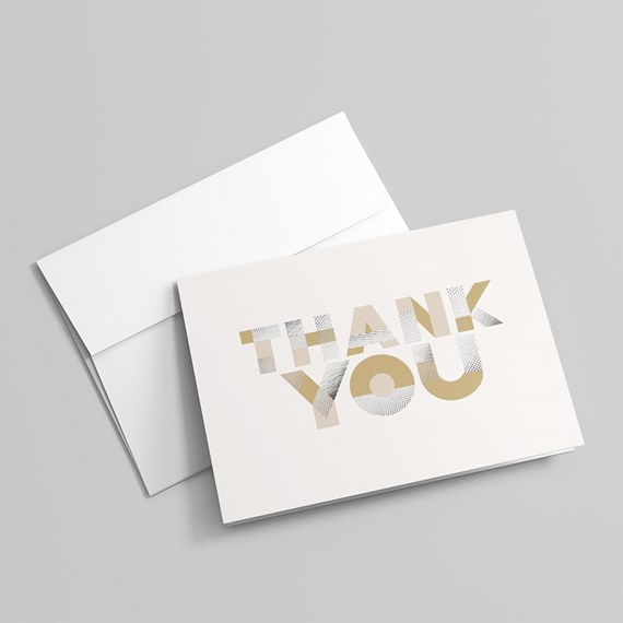 thank you card with patterned text, white envelope