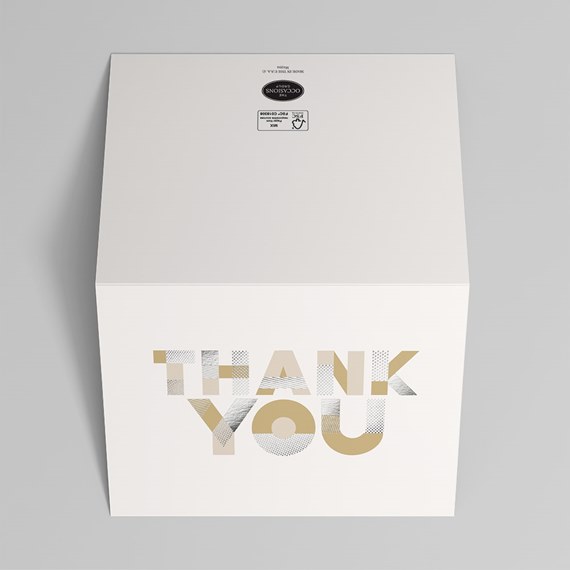 white box with patterned 'THANK YOU' text