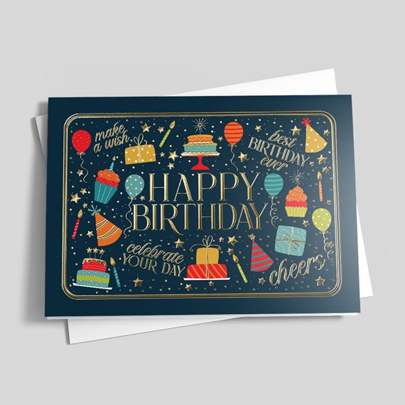 birthday card with festive illustrations and text