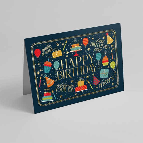 birthday card with colorful illustrations and gold text