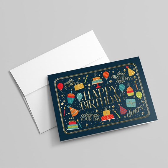 colorful birthday card design with cake and balloon illustrations