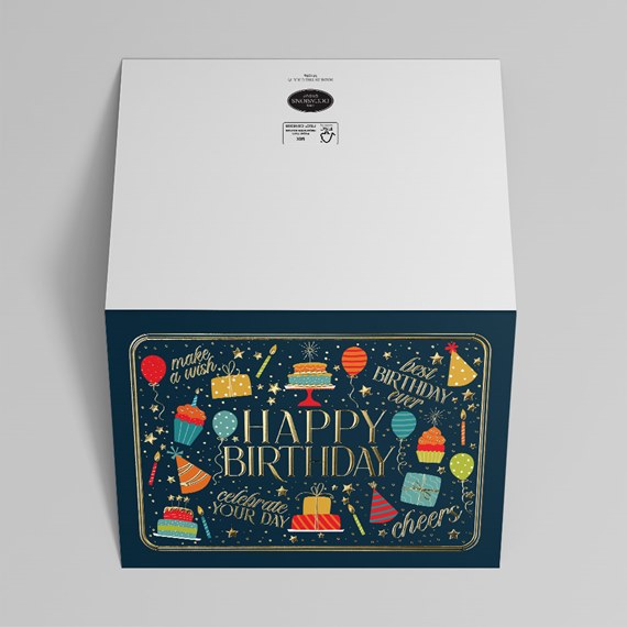 birthday card with colorful illustrations and gold text