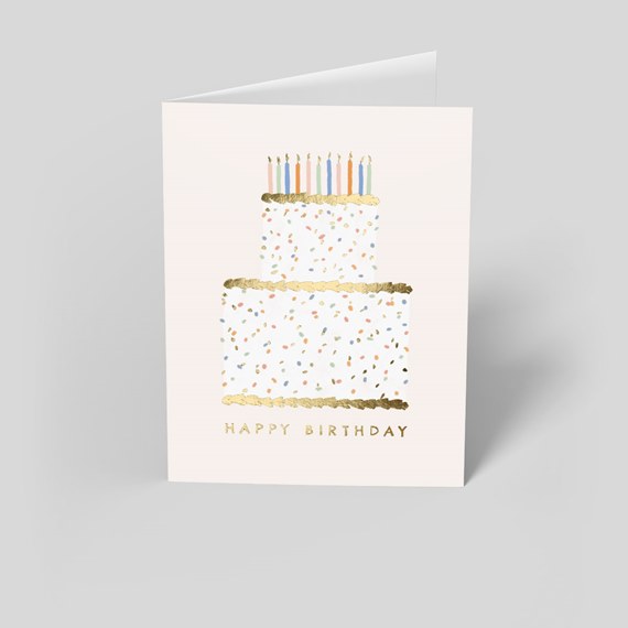 birthday card with cake illustration and gold text