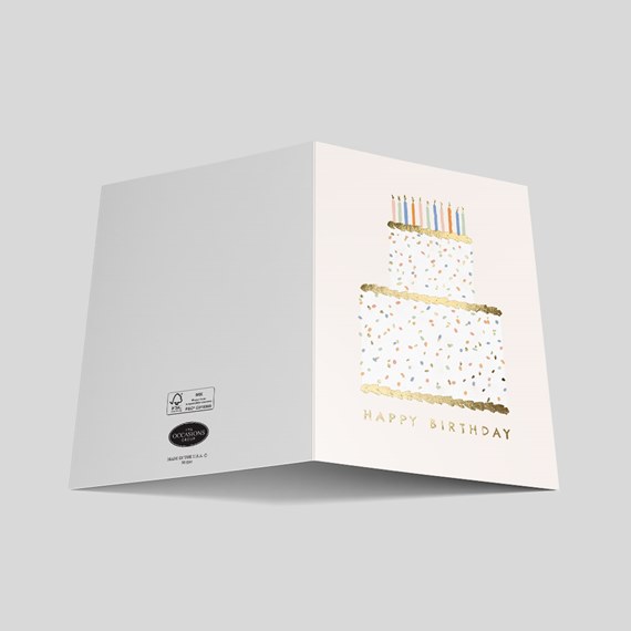 birthday card with cake illustration and gold text