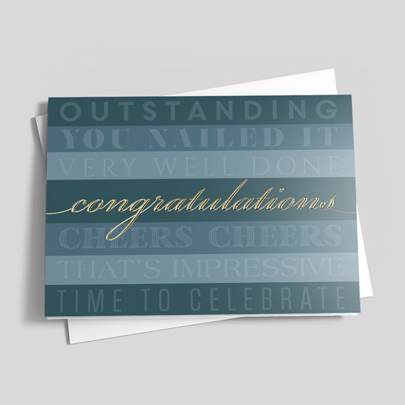 greeting card with congratulatory phrases and gold text