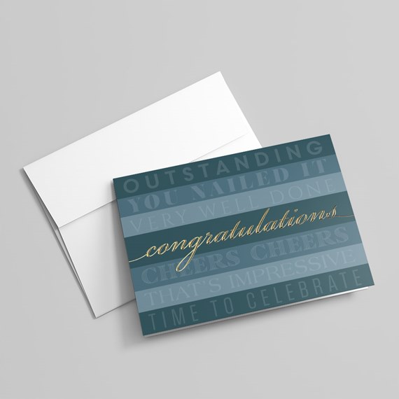 greeting card with congratulatory phrases and gold text