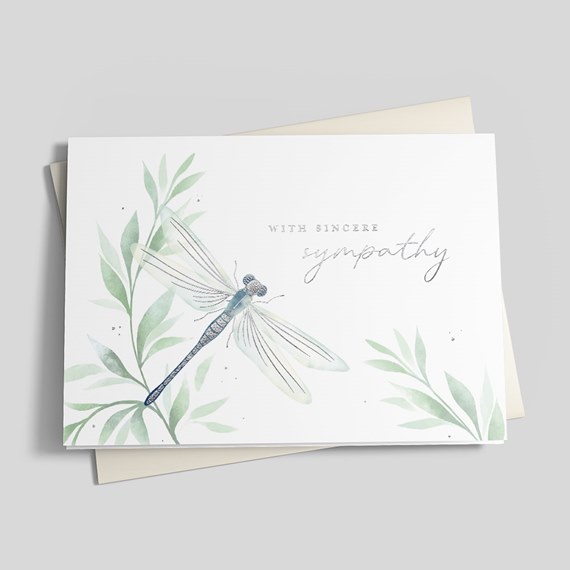 greeting card with dragonfly and leaves design, photo area