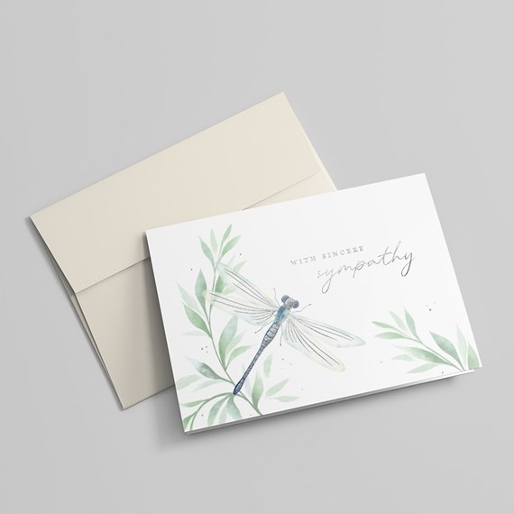 sympathy card with dragonfly illustration and leaves