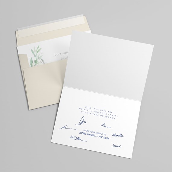 sympathy card with photo area, watercolor leaves, signatures