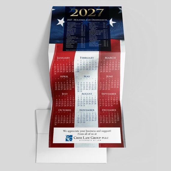 2027 calendar with patriotic design, photo area, logo placeholder