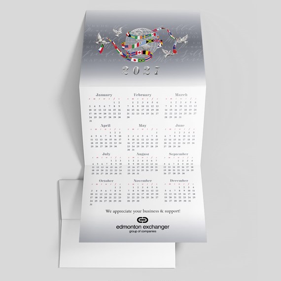 2027 wall calendar with globe and flag ribbon design