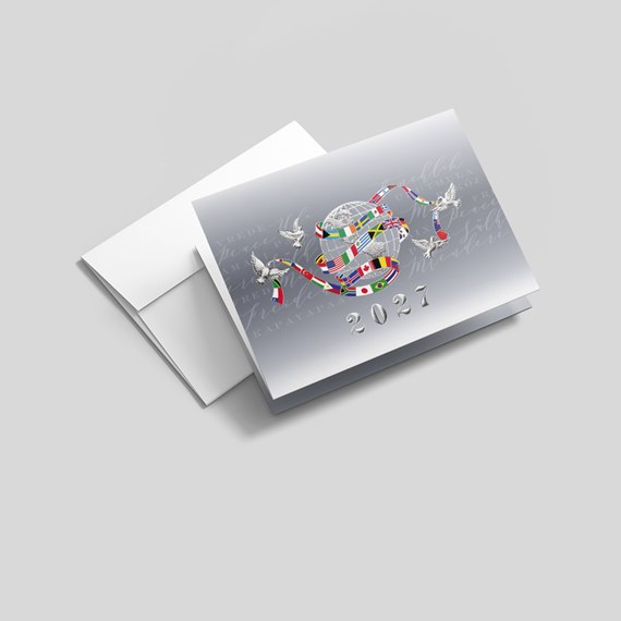 silver card with globe, flags, doves, and 2027