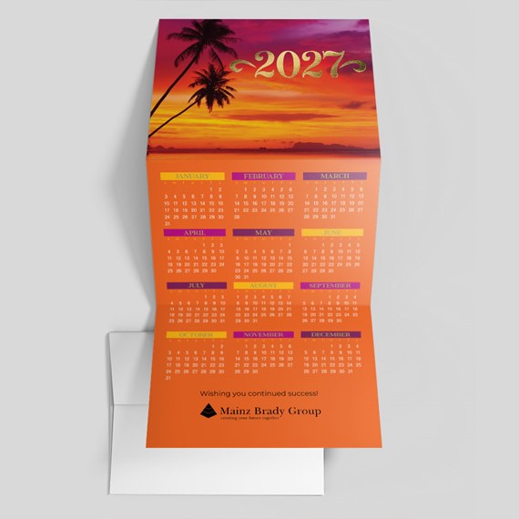2027 calendar with sunset design and customizable text area