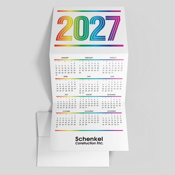 2027 calendar with colorful header and company name