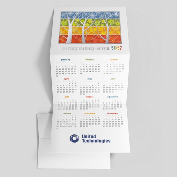 calendar with colorful trees design and monthly grids