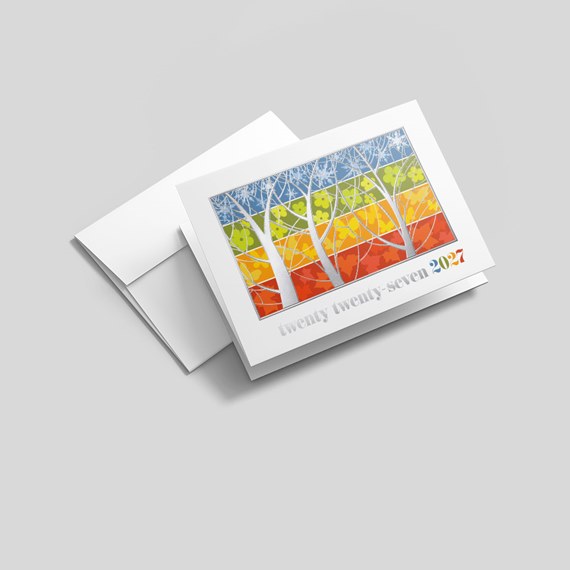 colorful card with tree design and text