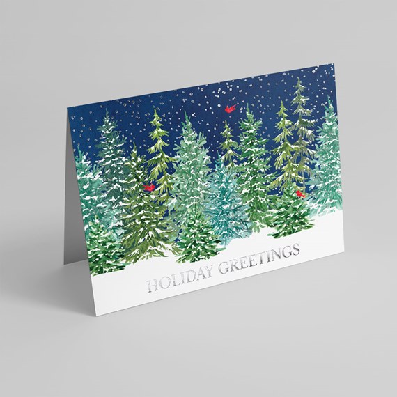 winter greeting card with trees and snowflakes