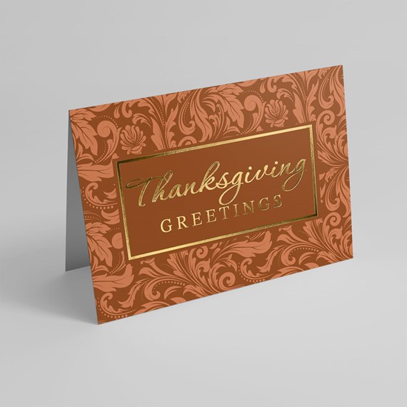 ornate thanksgiving greeting card with gold foil text