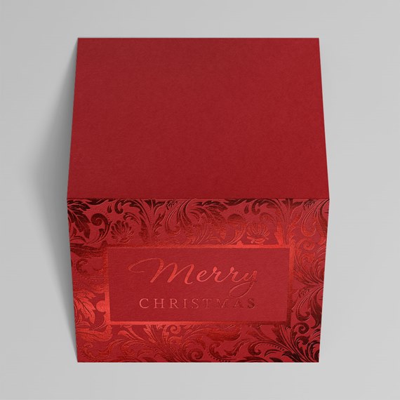 red box with embossed design and text
