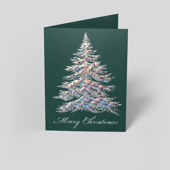 Christmas card with holographic tree and Merry Christmas text