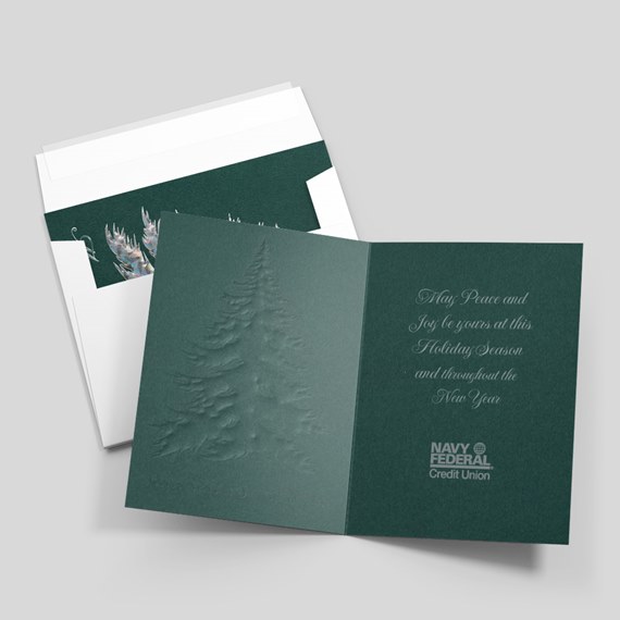 holiday card with embossed tree design and message