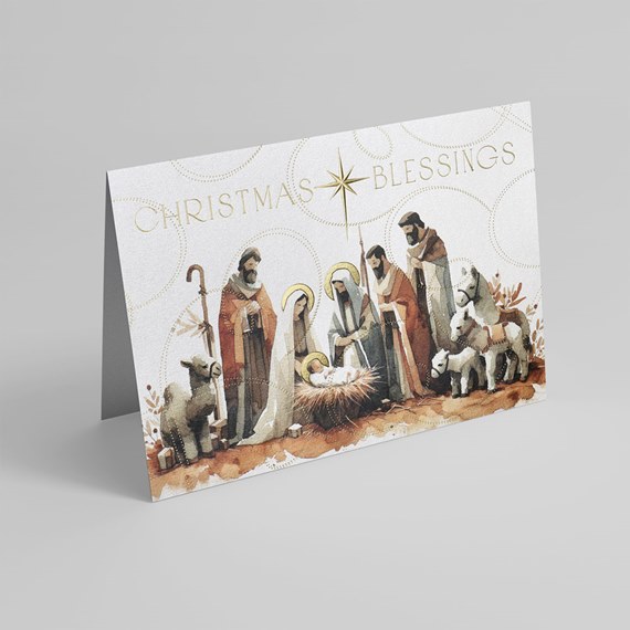 nativity scene with christmas blessings text