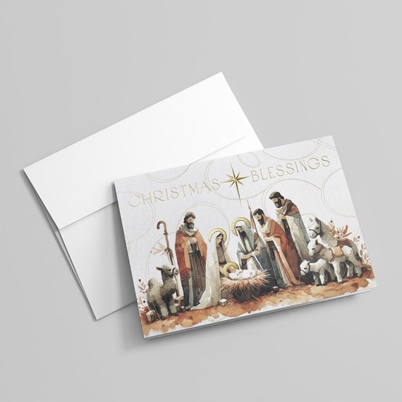 Christmas card with nativity scene and gold foil text