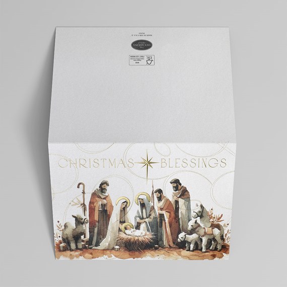 nativity scene with text 'CHRISTMAS BLESSINGS', gold foil accents