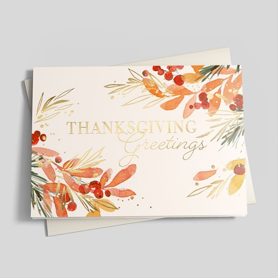 thanksgiving card design with watercolor foliage and gold text