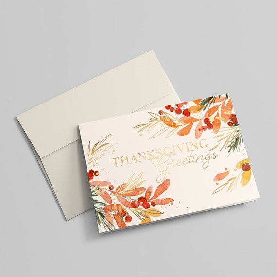 greeting card with autumn leaves and gold text, photo placeholder