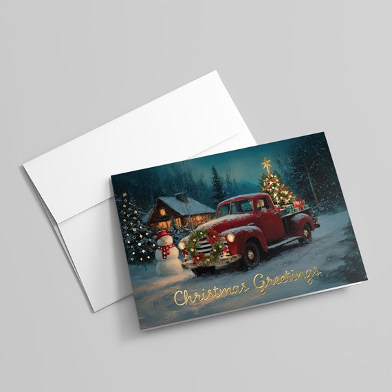 Christmas card with red truck, snowman, and festive scene
