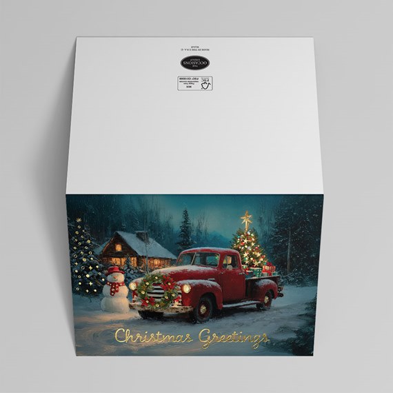 vintage red truck in snowy Christmas scene with snowman and tree