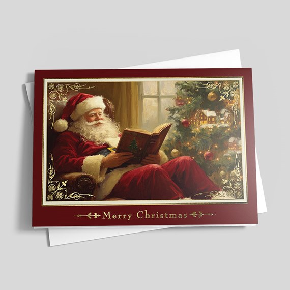 Christmas card with Santa reading by a window