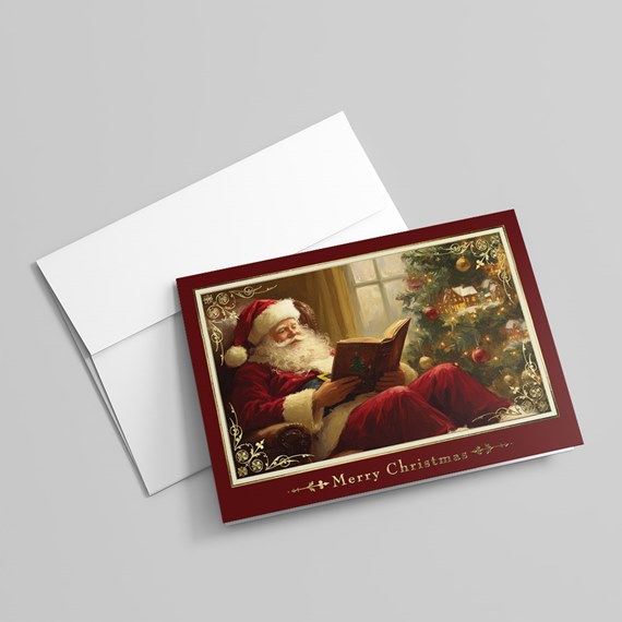 Christmas card with Santa reading