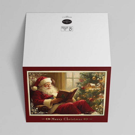 Santa Claus reading with Christmas tree, merry Christmas text