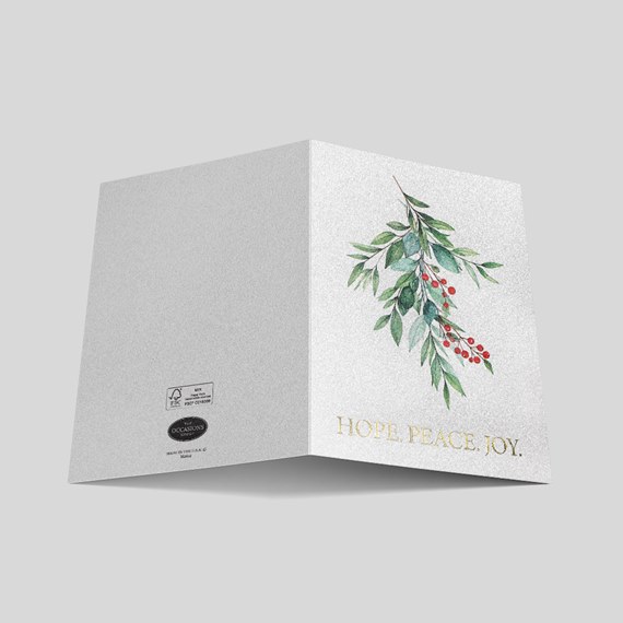 greeting card with watercolor foliage and gold foil text